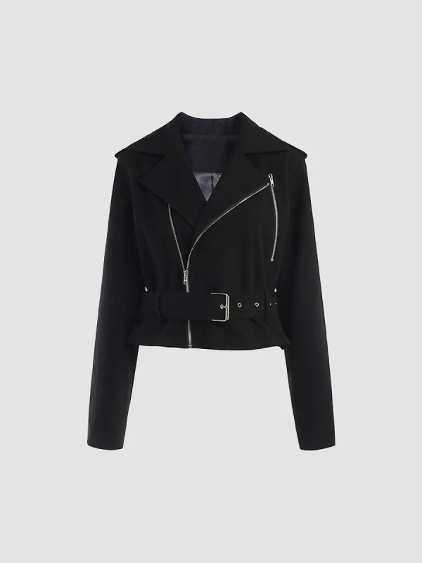 Solid Zip Belted Flight Jacket sold by COMMENSE