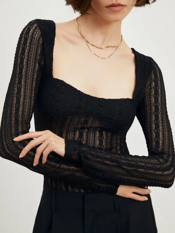 Tied Lace Mesh Blouse sold by COMMENSE