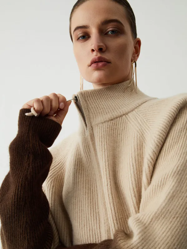 Ombre Double Zip Stand Collar Cardigan sold by COMMENSE