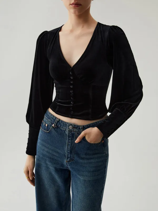 Velvet Buttoned V-neck Long Sleeve Crop Top sold by COMMENSE