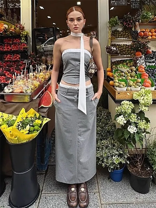 Contrast Binding Elastic Waist Backless Skirt Set sold by COMMENSE