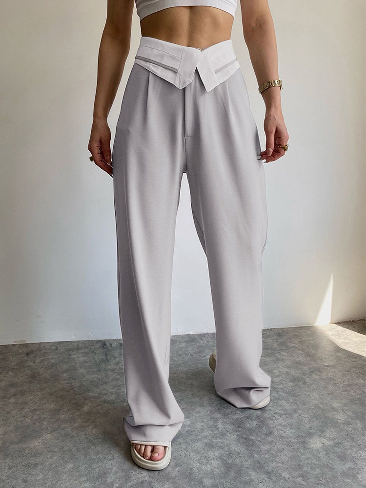 Contrast Waist Leisure Wide Leg Pants sold by COMMENSE