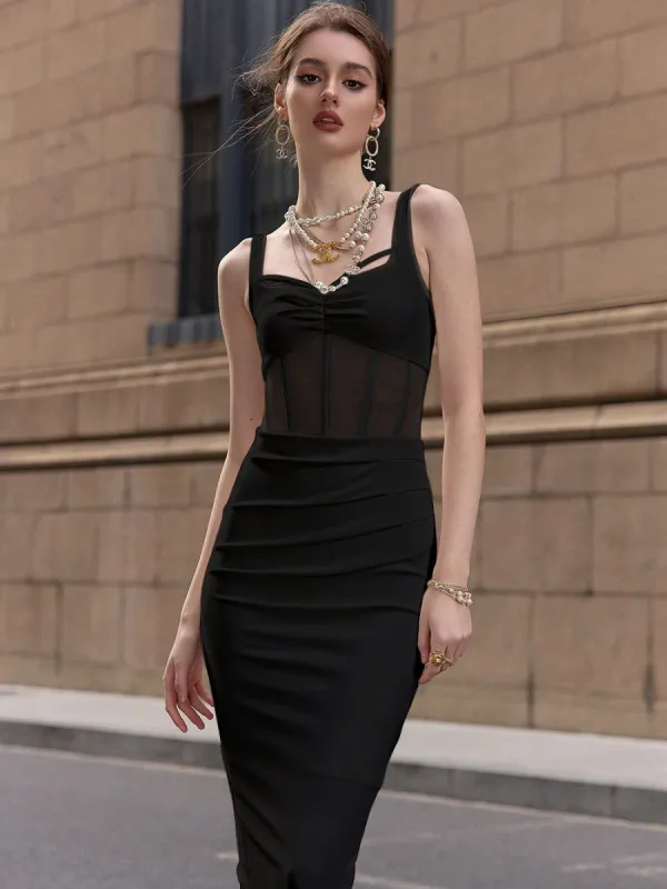 Semi-sheer Corset Low Cut Ruched Midi Dress made by COMMENSE