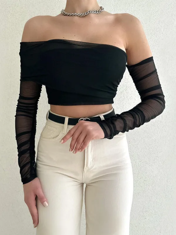 Off Shoulder Mesh Wrap Crop Shirt sold by COMMENSE