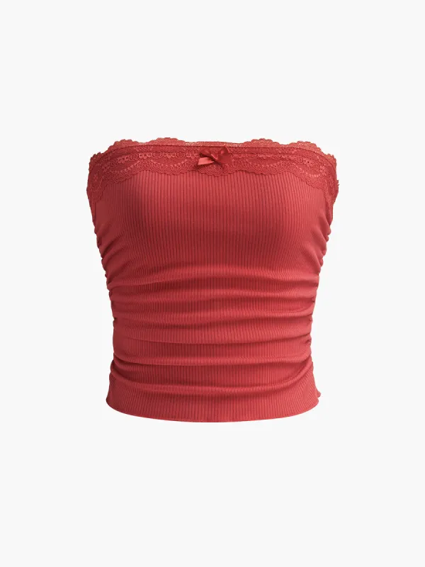 Lace Trim Bow Strapless Tank Top sold by COMMENSE