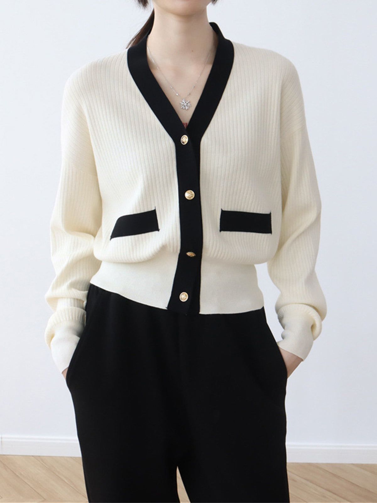 Old Money Aesthetics Contrast Trim Cardigan sold by COMMENSE product image thumbnail 2