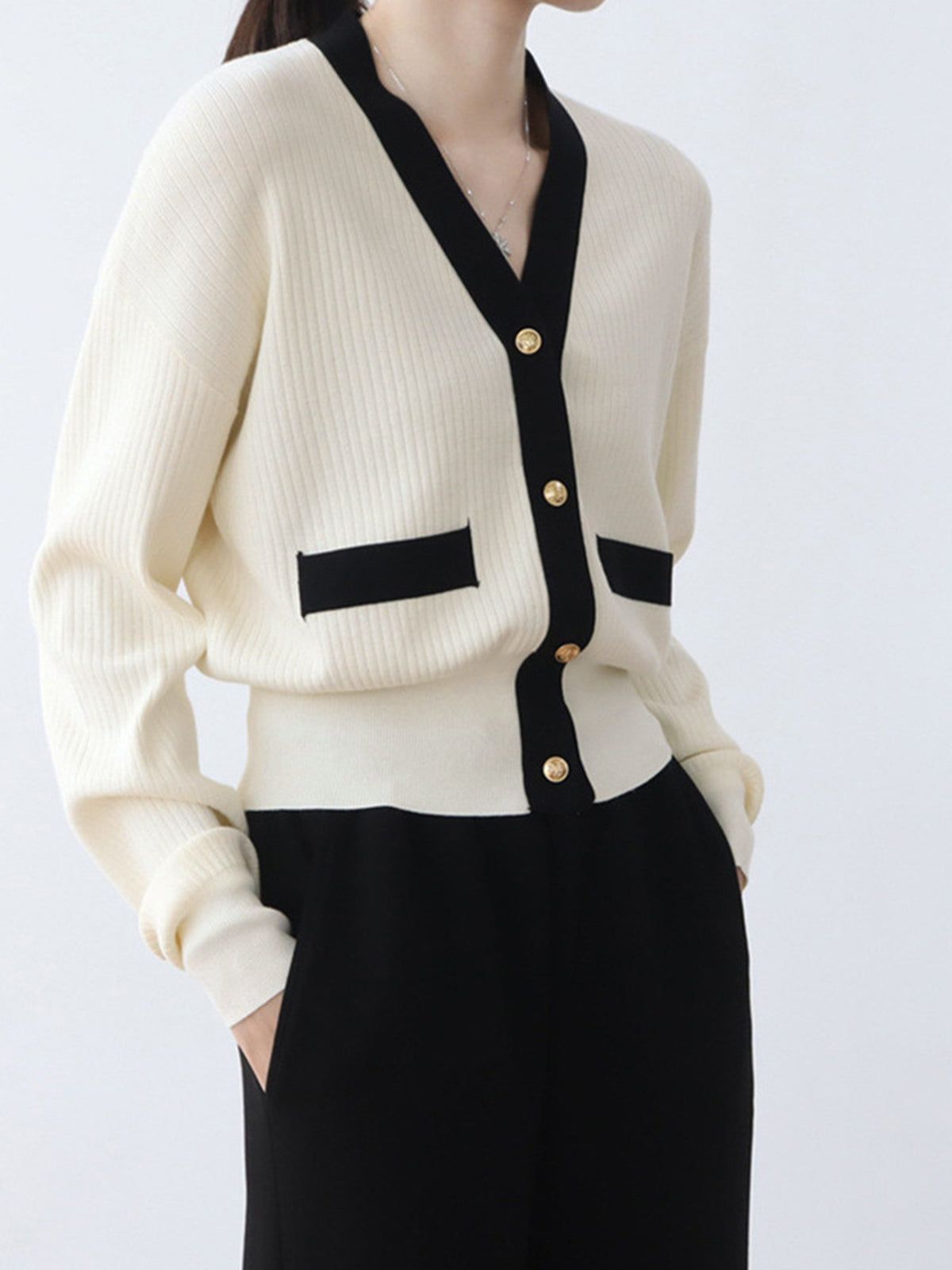 Old Money Aesthetics Contrast Trim Cardigan sold by COMMENSE product image thumbnail 3