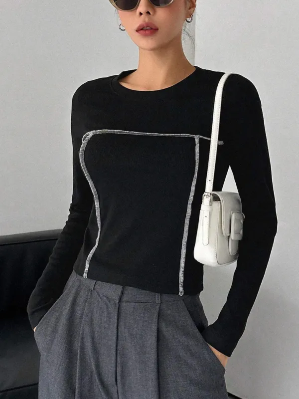 Contrast Trim Crew Neck Long Sleeve Shirt sold by COMMENSE