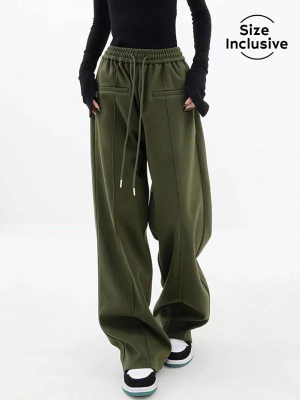 Olive Green Drawstring Baggy Wide Leg Pants sold by COMMENSE
