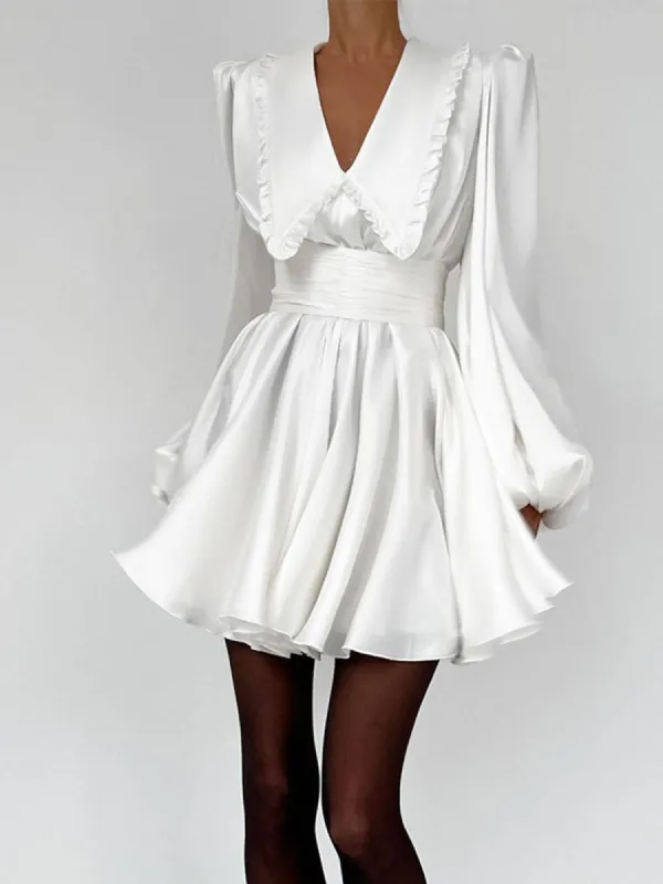 Satin Ruffled Trim Pleated Collar Mini Dress sold by COMMENSE