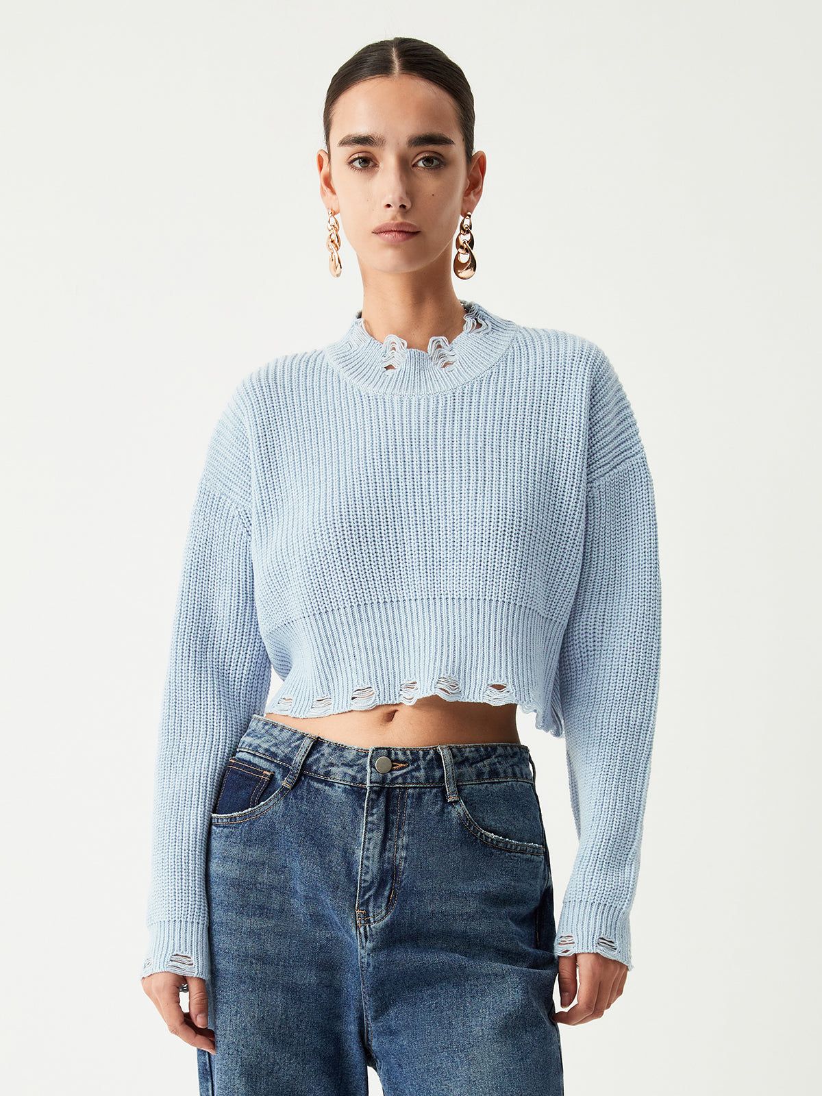 Baby Blue Distressed Detail Crop Sweater sold by COMMENSE