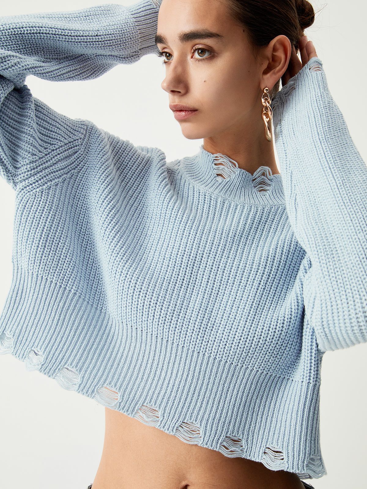 Baby Blue Distressed Detail Crop Sweater sold by COMMENSE product image thumbnail 5