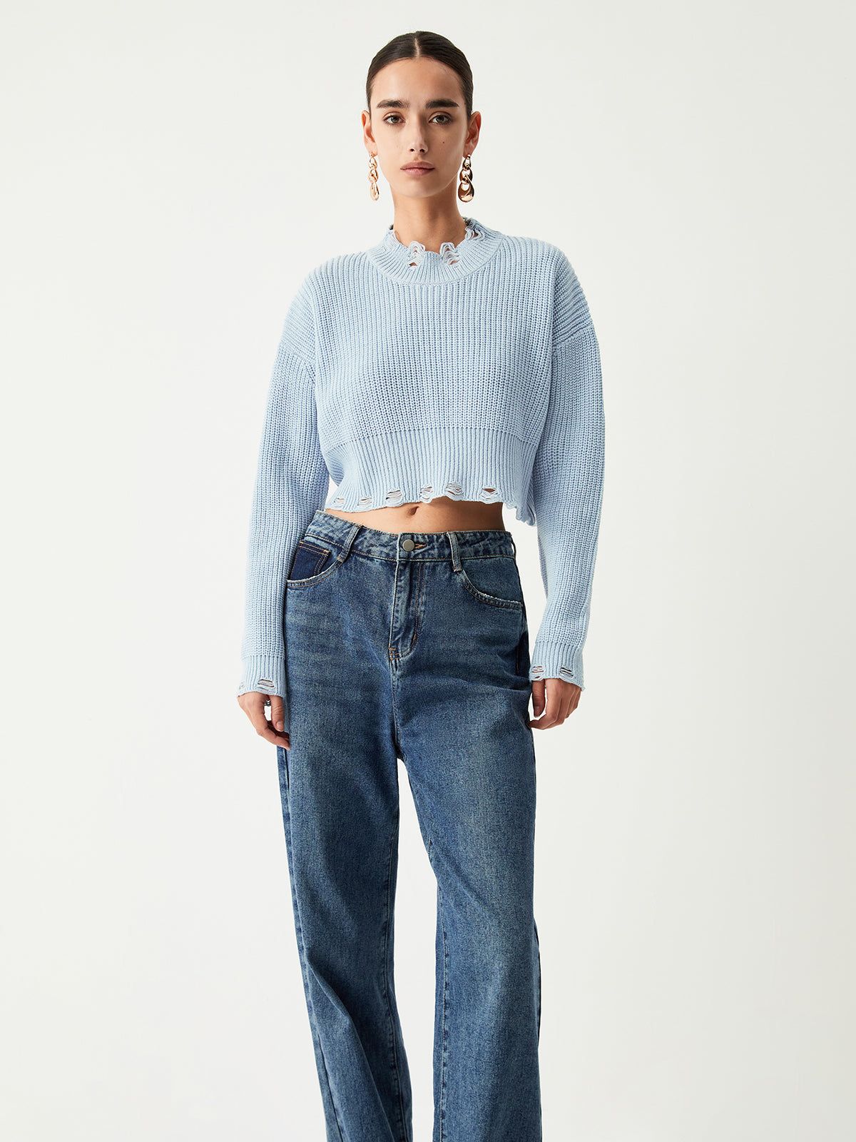 Baby Blue Distressed Detail Crop Sweater sold by COMMENSE product image thumbnail 2