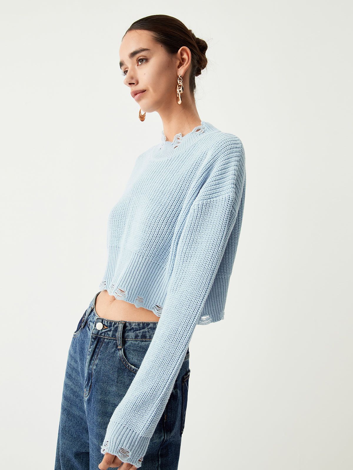 Baby Blue Distressed Detail Crop Sweater sold by COMMENSE product image thumbnail 3