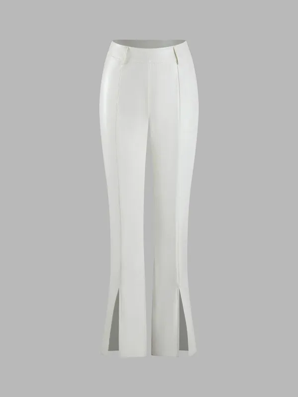 White Fuax Leather Slit Flared Pants sold by COMMENSE
