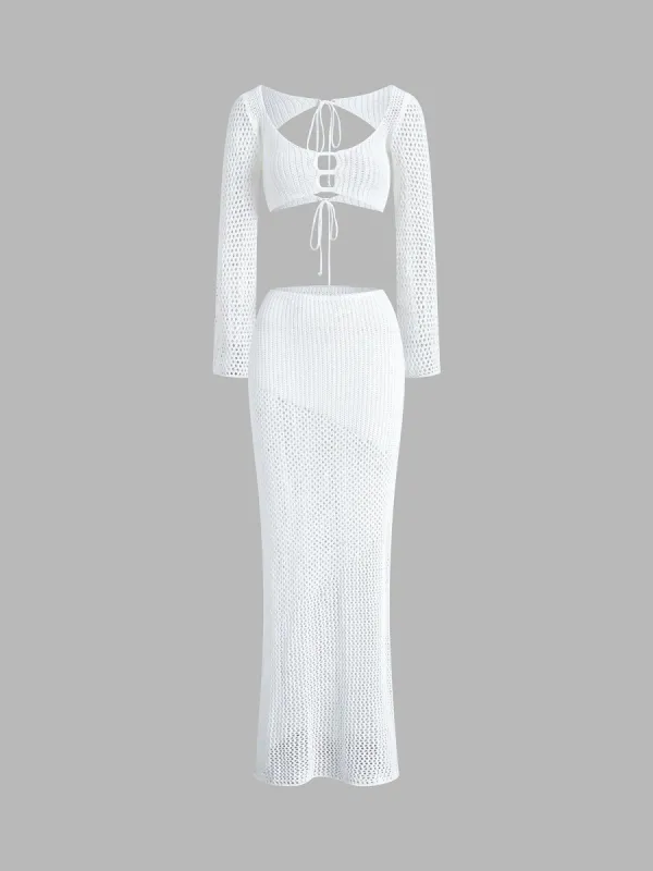 Two Piece Crochet Eyelet Skirt Set sold by COMMENSE