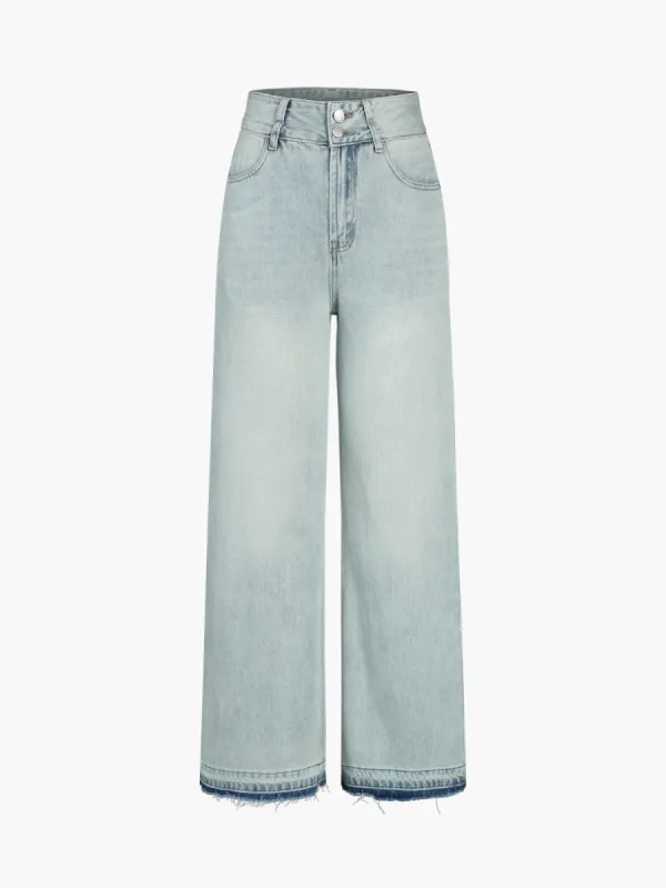 Denim Double Buttoned Raw Hem Wide Leg Jeans sold by COMMENSE