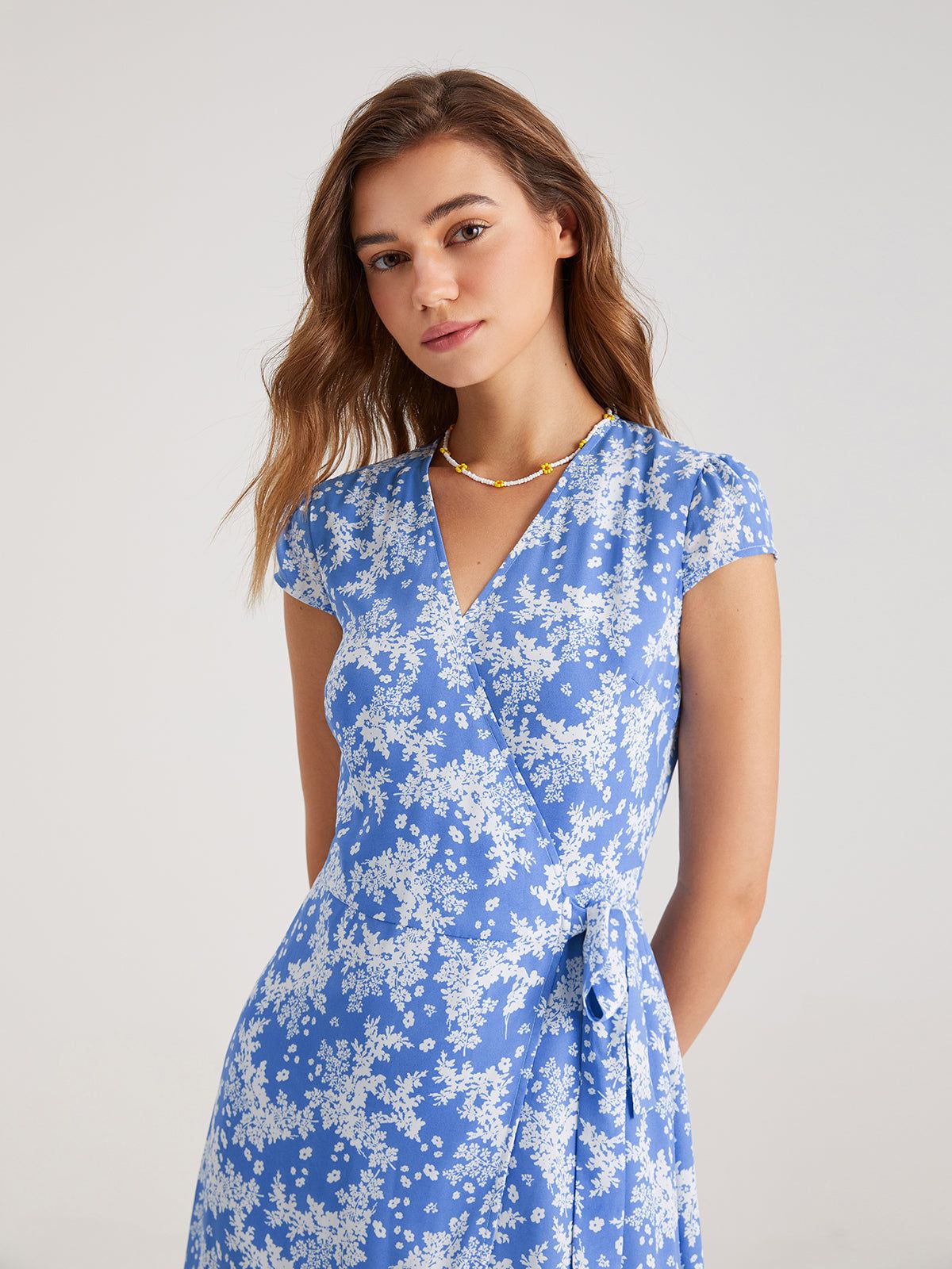Cap Sleeve Pattern Midi Wrap Dress sold by COMMENSE product image thumbnail 4