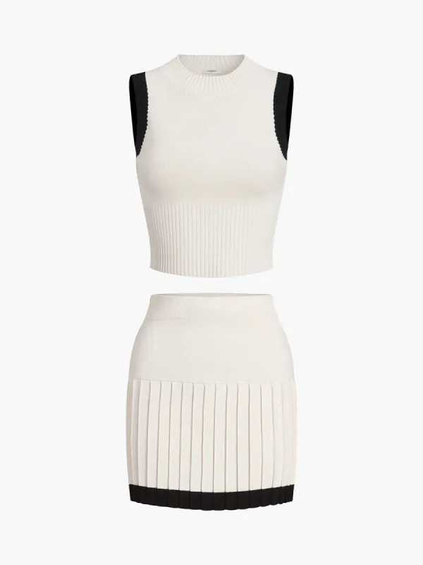 Contrast Trim Pleated Mini Sweater Skirt Set sold by COMMENSE