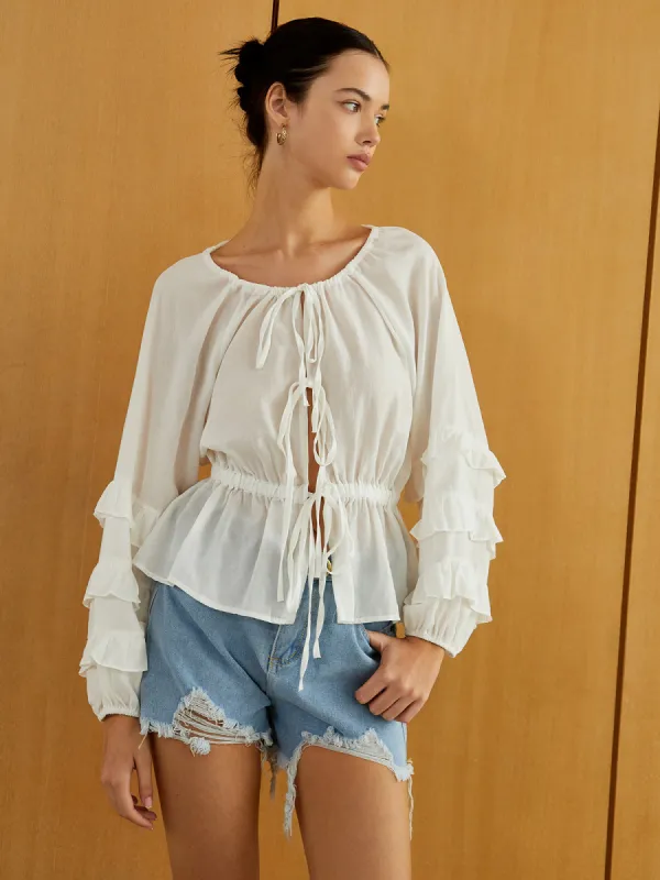 Semi-Sheer Ruffle Tie Front Long Sleeve Top sold by COMMENSE