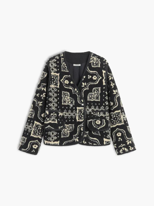 Paisley Print Button Sherpa Jacket sold by COMMENSE