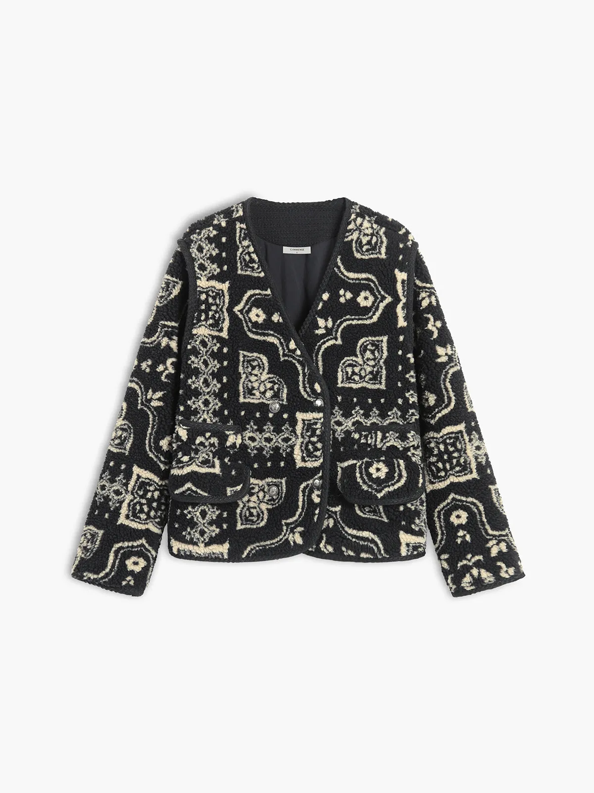 Paisley Print Button Sherpa Jacket sold by COMMENSE