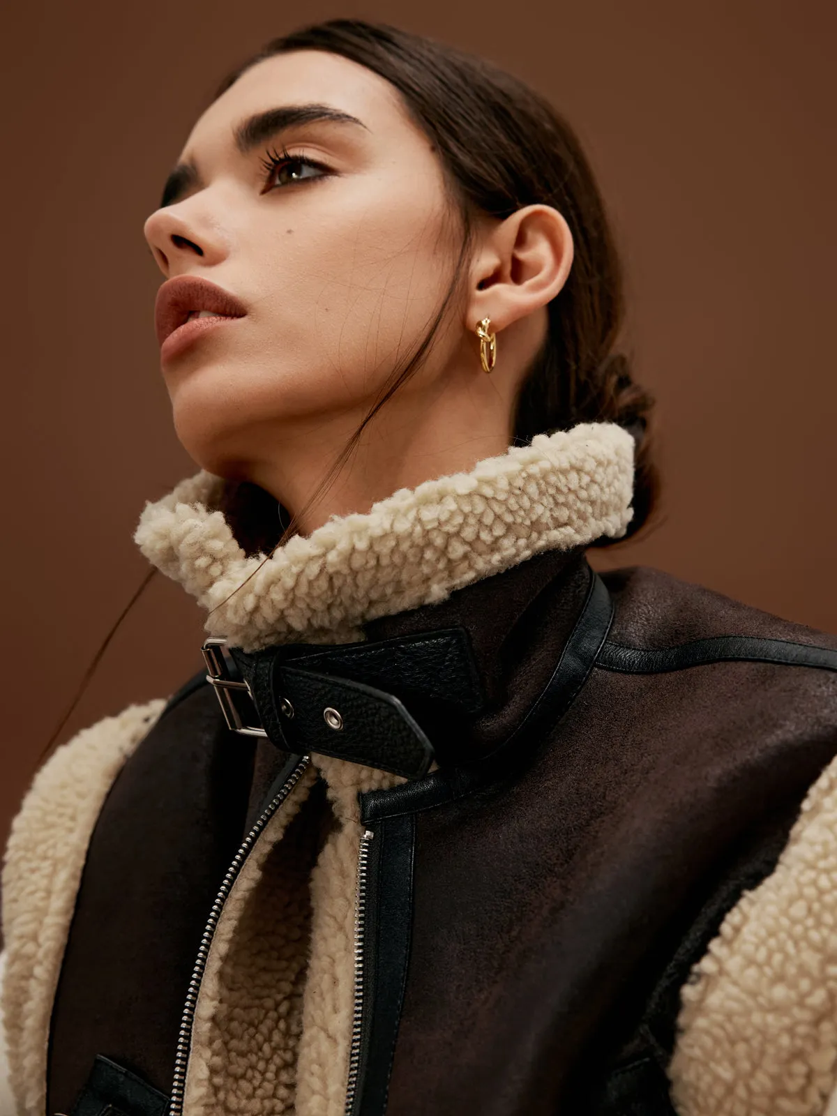 Sherpa Lined Shearling Leather Biker Crop Vest sold by COMMENSE product image thumbnail 5