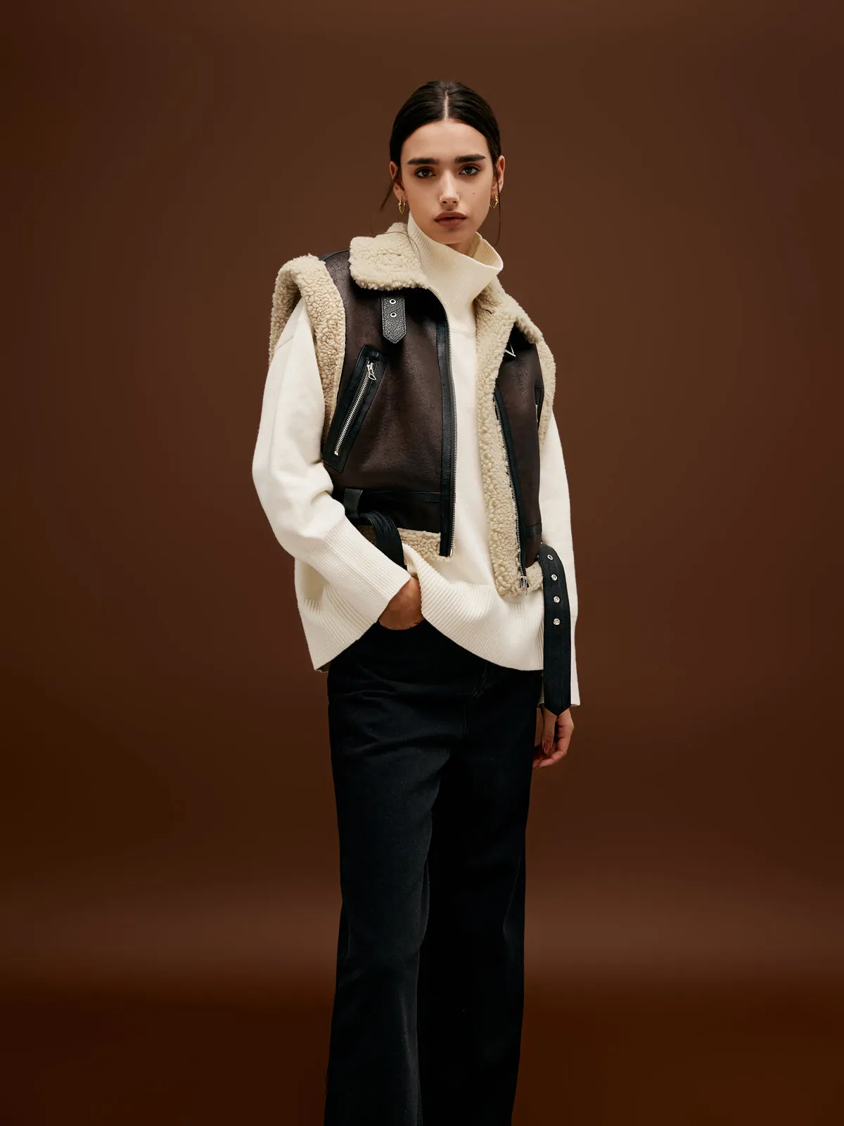 Sherpa Lined Shearling Leather Biker Crop Vest sold by COMMENSE product image thumbnail 2