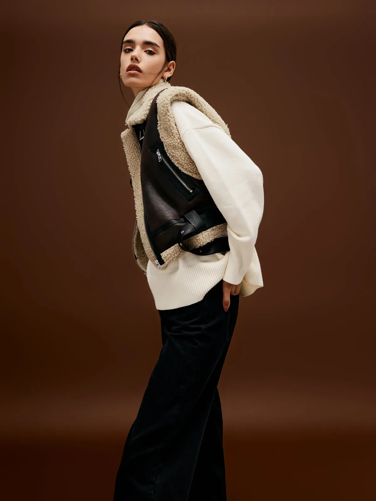 Sherpa Lined Shearling Leather Biker Crop Vest sold by COMMENSE product image thumbnail 3