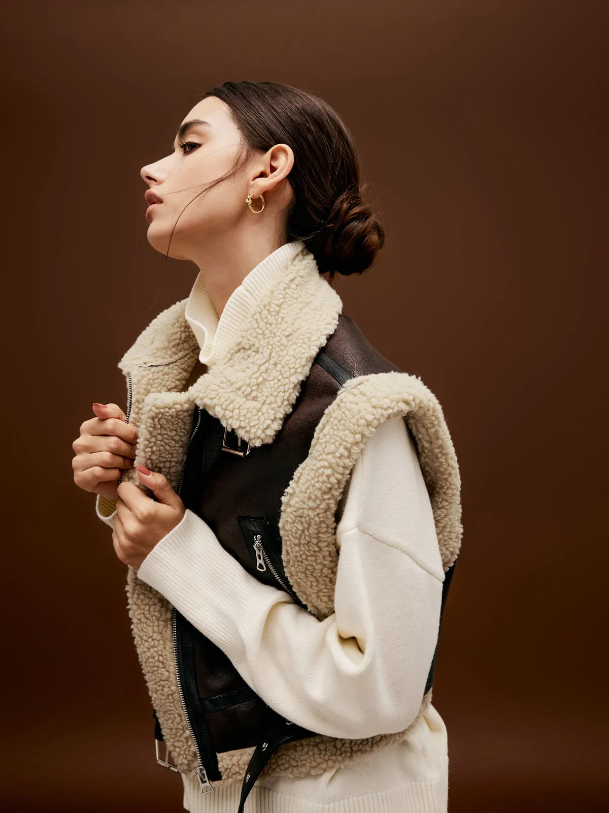 Sherpa Lined Shearling Leather Biker Crop Vest sold by COMMENSE product image thumbnail 4