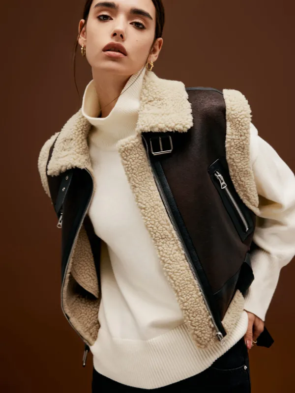 Sherpa Lined Shearling Leather Biker Crop Vest sold by COMMENSE