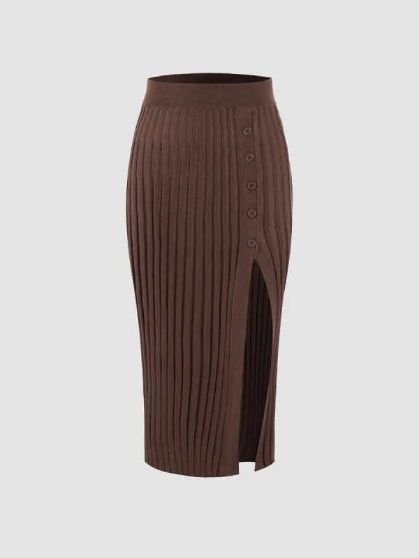 Brownie Side Buttons Rib Slit Skirt made by COMMENSE