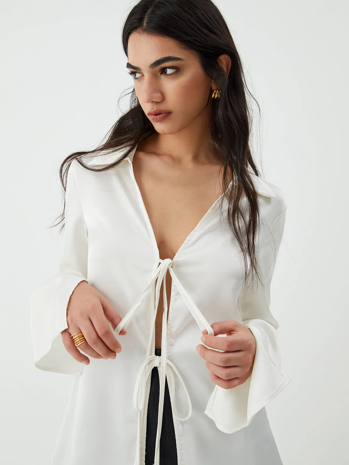 Tie Up V-Neck Long Sleeve Blouse sold by COMMENSE product image thumbnail 4