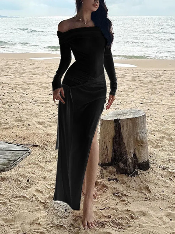 Off Shoulder Tied Split Maxi Dress sold by COMMENSE