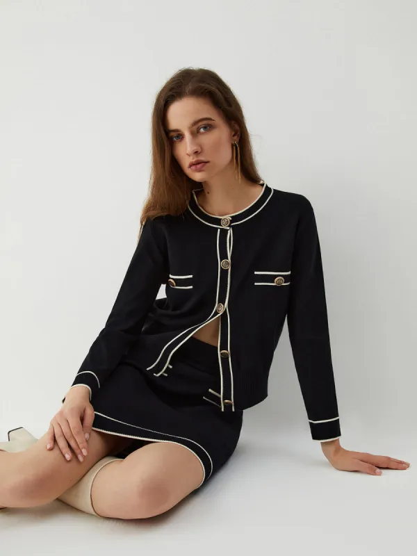 Vintage Contrast Hem Long Sleeve Two Piece Skirt Set sold by COMMENSE