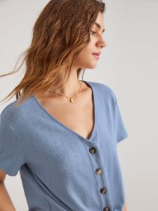 V-Neck Tie Front Button Top sold by COMMENSE
