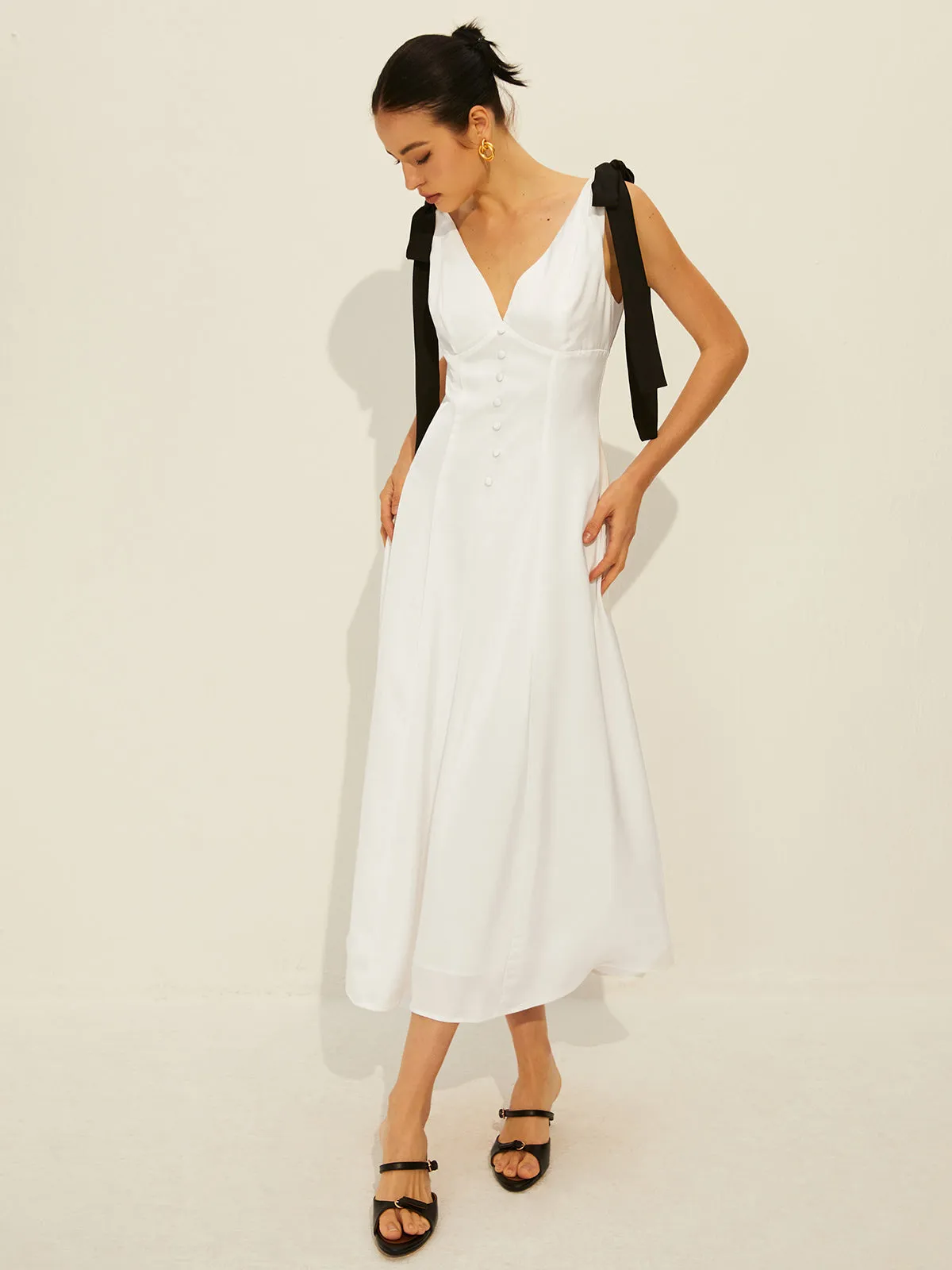 Satin V-Neck Knotted Dress sold by COMMENSE