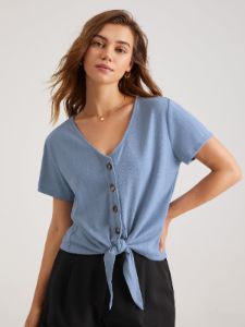 V-Neck Tie Front Button Top sold by COMMENSE