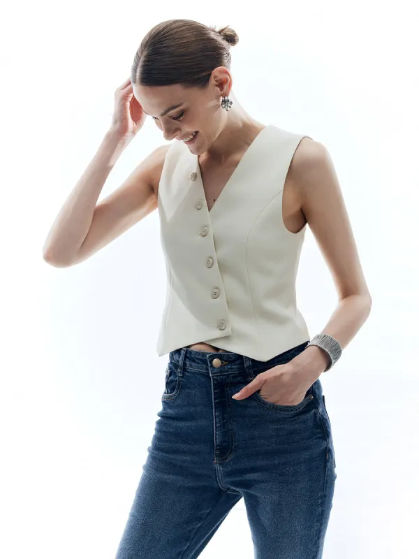 Button V-Neck Solid Vest sold by COMMENSE