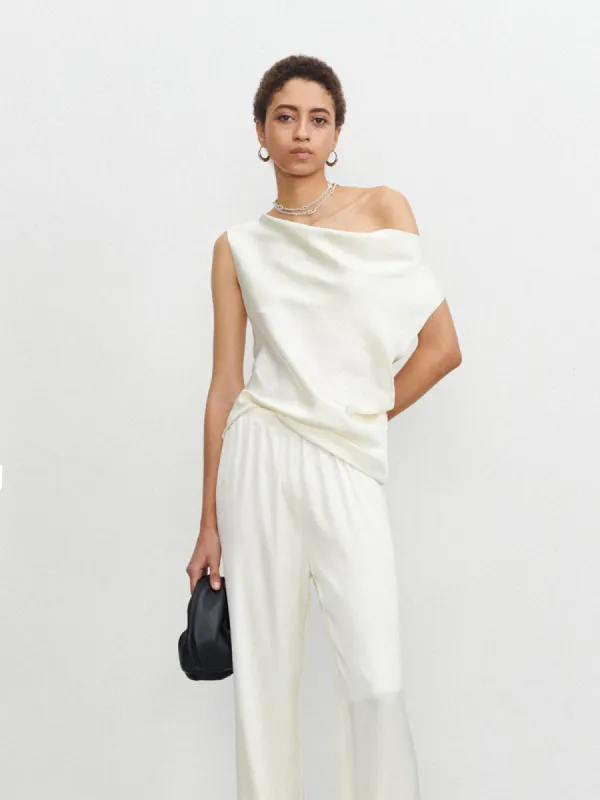 Satin Plain Asymmetrical Neck Blouse sold by COMMENSE