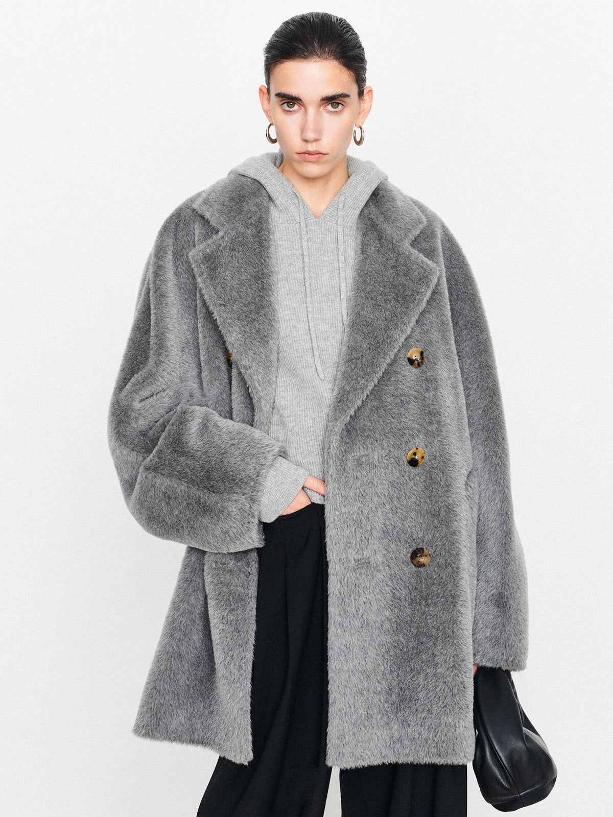 Fuzzy Double-Breasted Pocket Collar Coat sold by COMMENSE