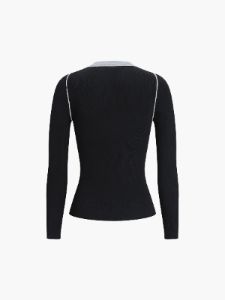 Crew Neck Contrast Trim Patchwork Knit Top sold by COMMENSE