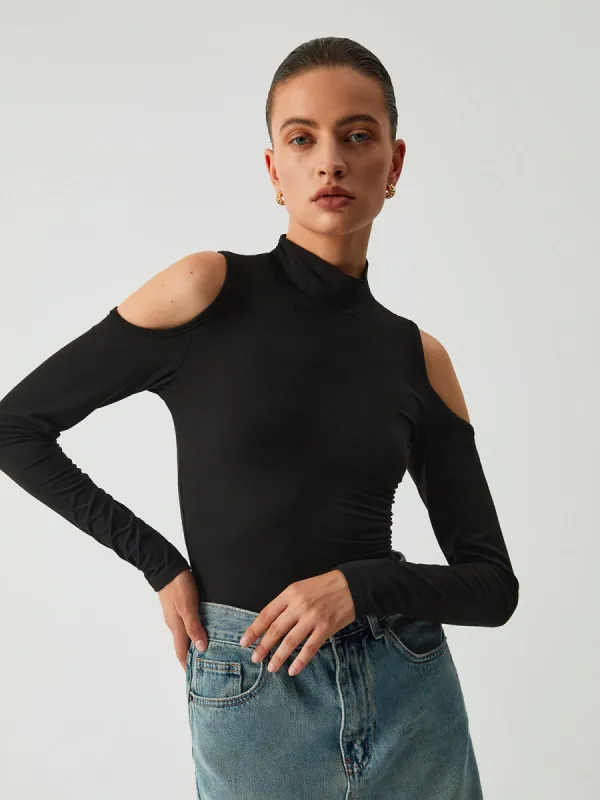 Mock Neck Cutout Long Sleeve Bodysuit sold by COMMENSE