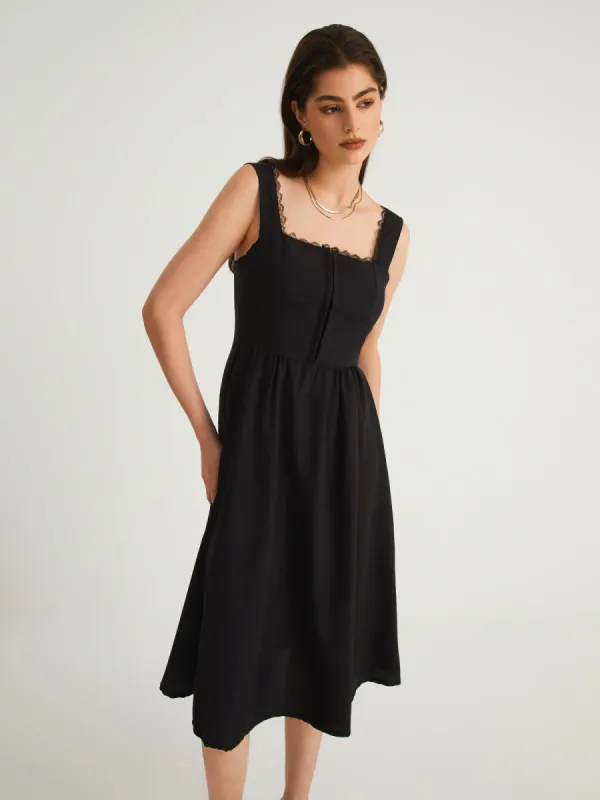 Lace Trim Smocked Zippered Midi Dress sold by COMMENSE