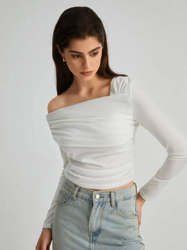 Asymmetric Off Shoulder Long Sleeve Shirt sold by COMMENSE