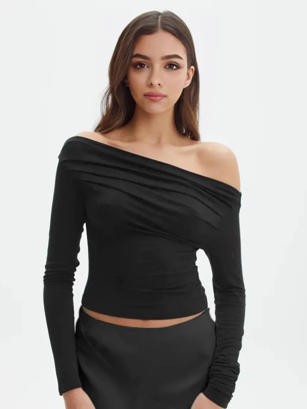 Oblique Off-Shoulder Long Sleeve Blouse sold by COMMENSE