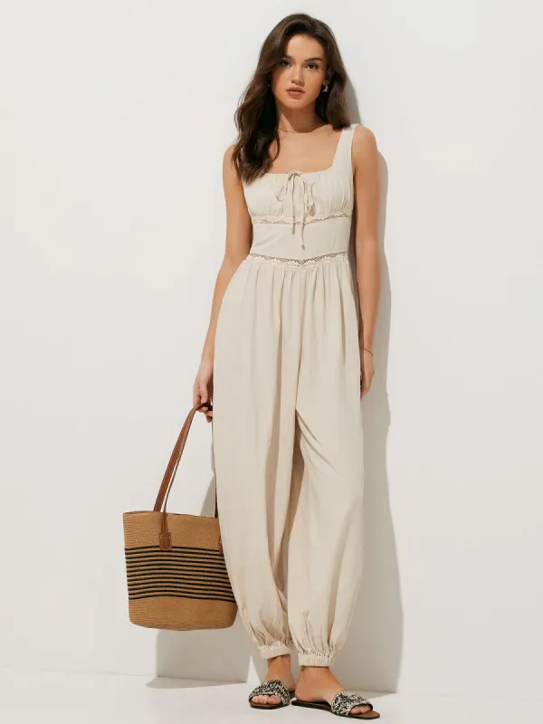 Pure Cotton Backless Tie-Front Jumpsuit sold by COMMENSE