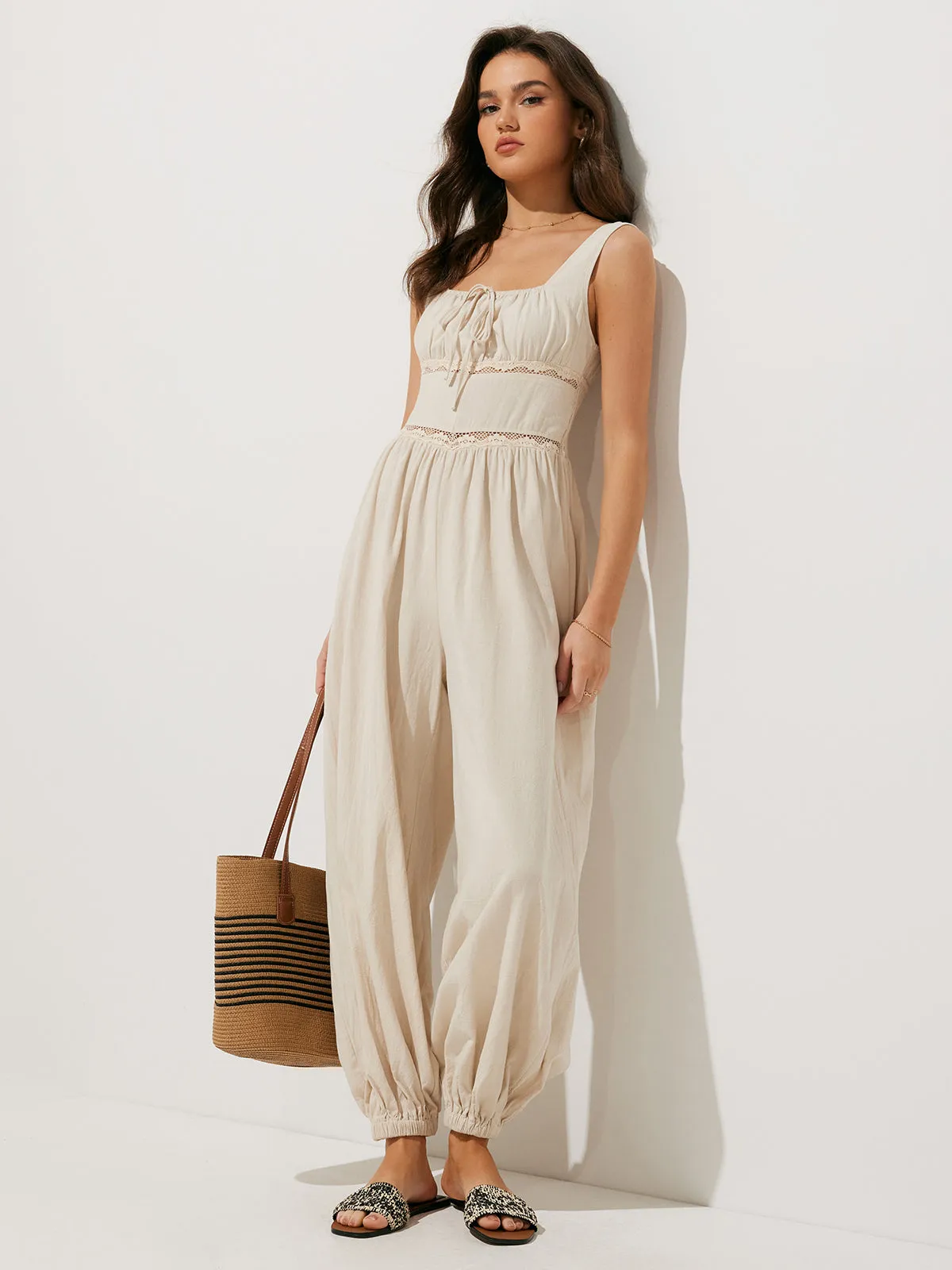 Pure Cotton Backless Tie-Front Jumpsuit sold by COMMENSE product image thumbnail 2