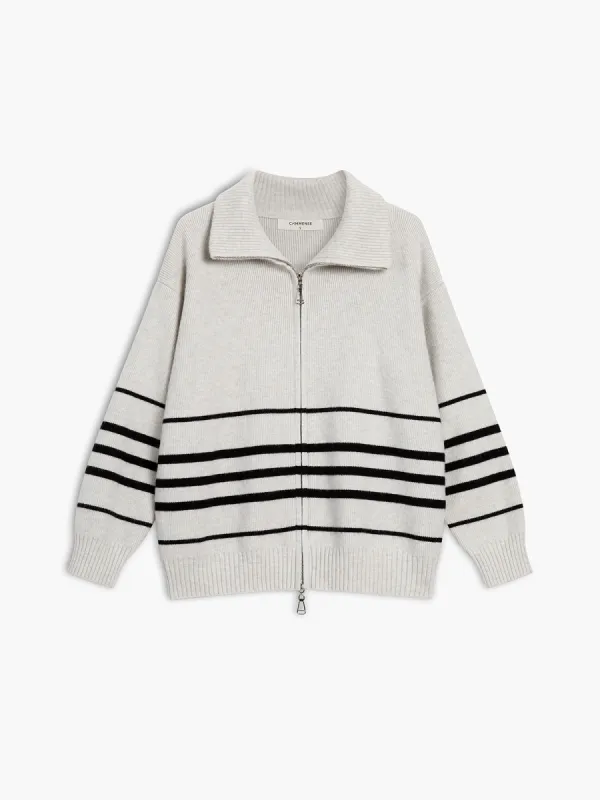 Stripe Double Zip Open Collar Cardigan sold by COMMENSE