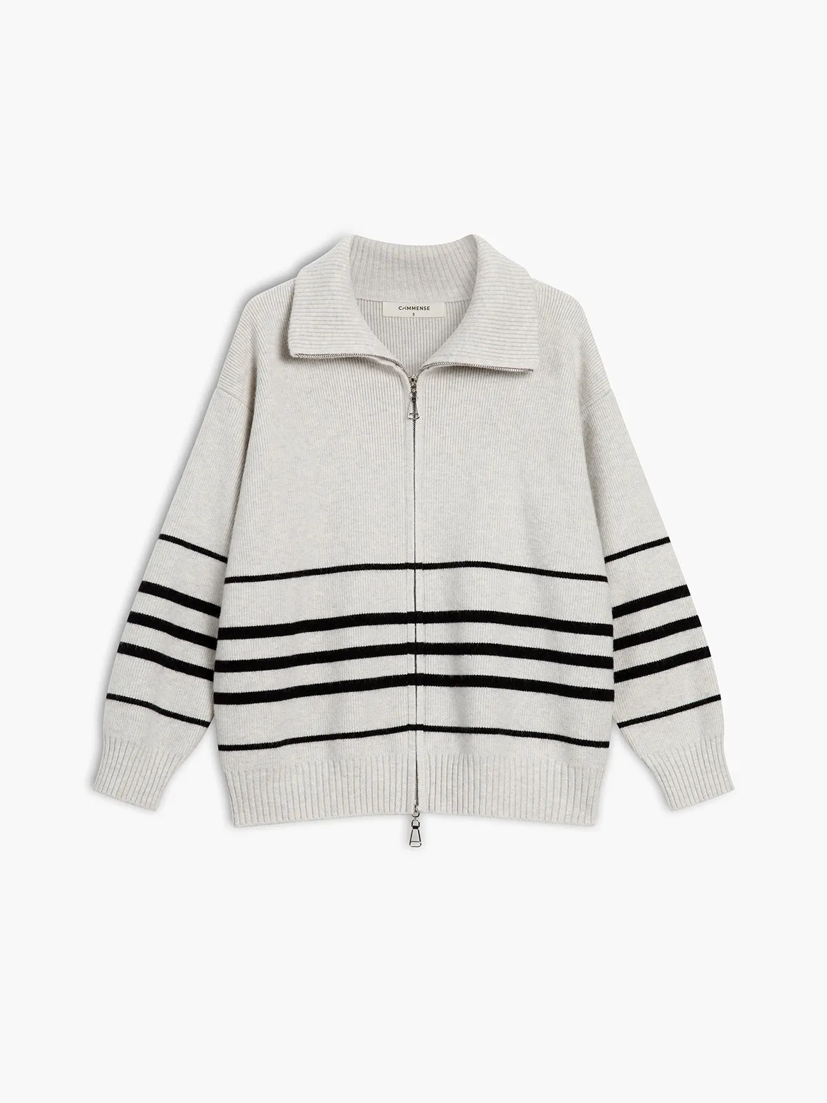 Stripe Double Zip Open Collar Cardigan sold by COMMENSE